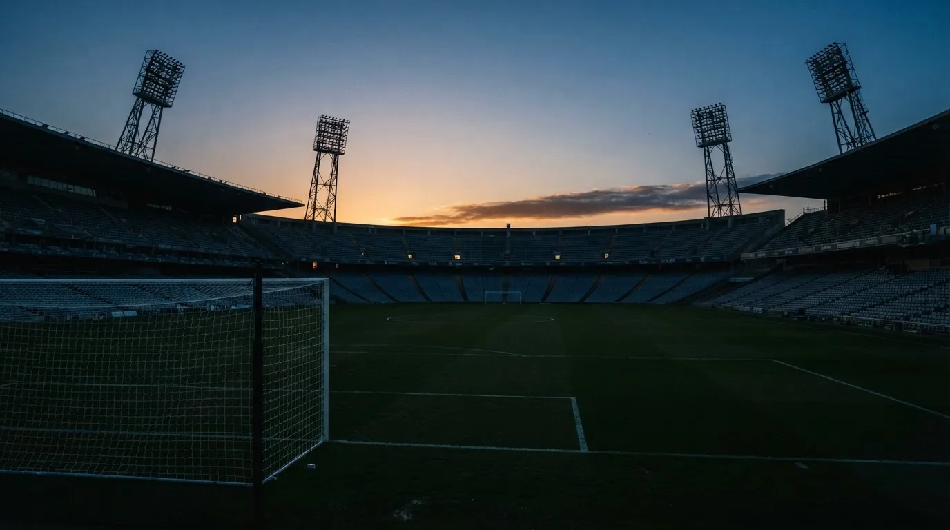 An empty football stadium with floodlight masts at dusk