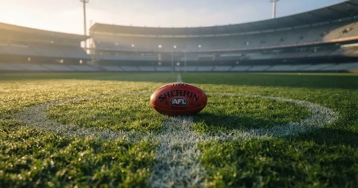 A ball on the centre spot of a grass pitch in morning light