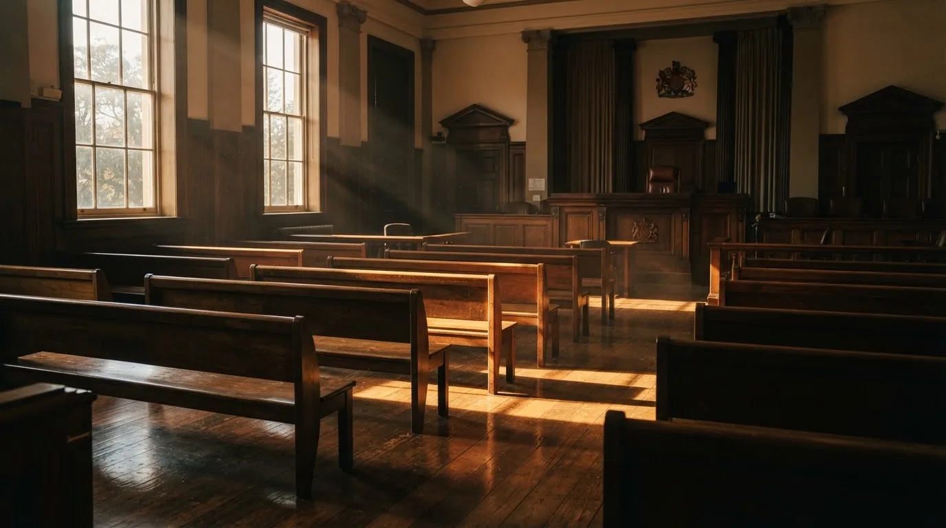 An empty courtroom with wooden benches in morning light