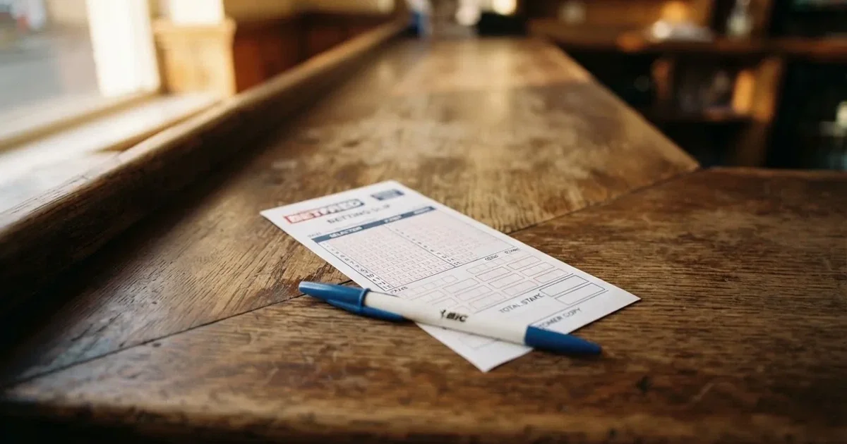 A blank paper betting slip beside a pen on a wooden counter