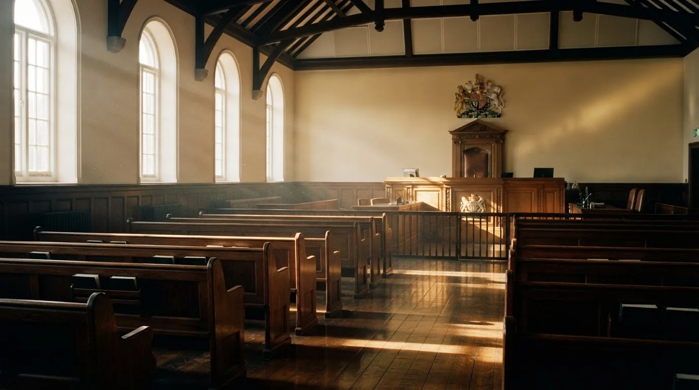 An empty courtroom with wooden benches in morning light