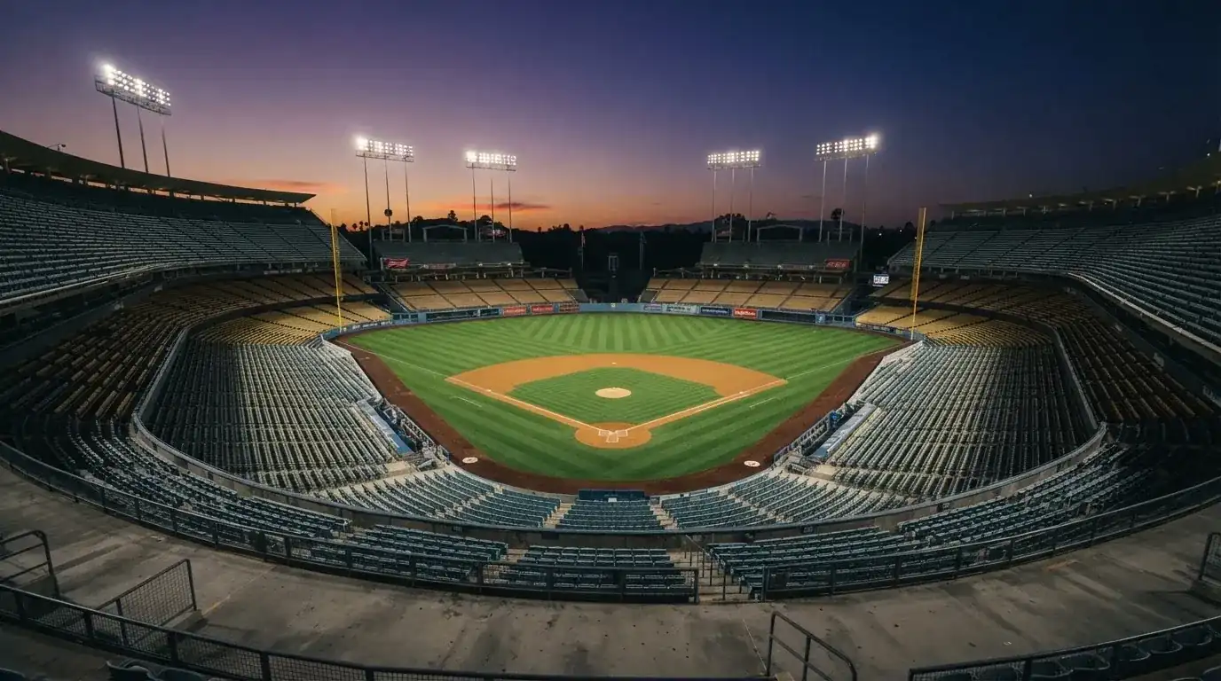 An empty football stadium with floodlight masts at dusk