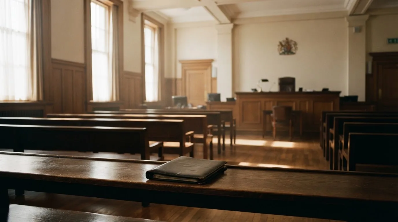 An empty courtroom with wooden benches in morning light