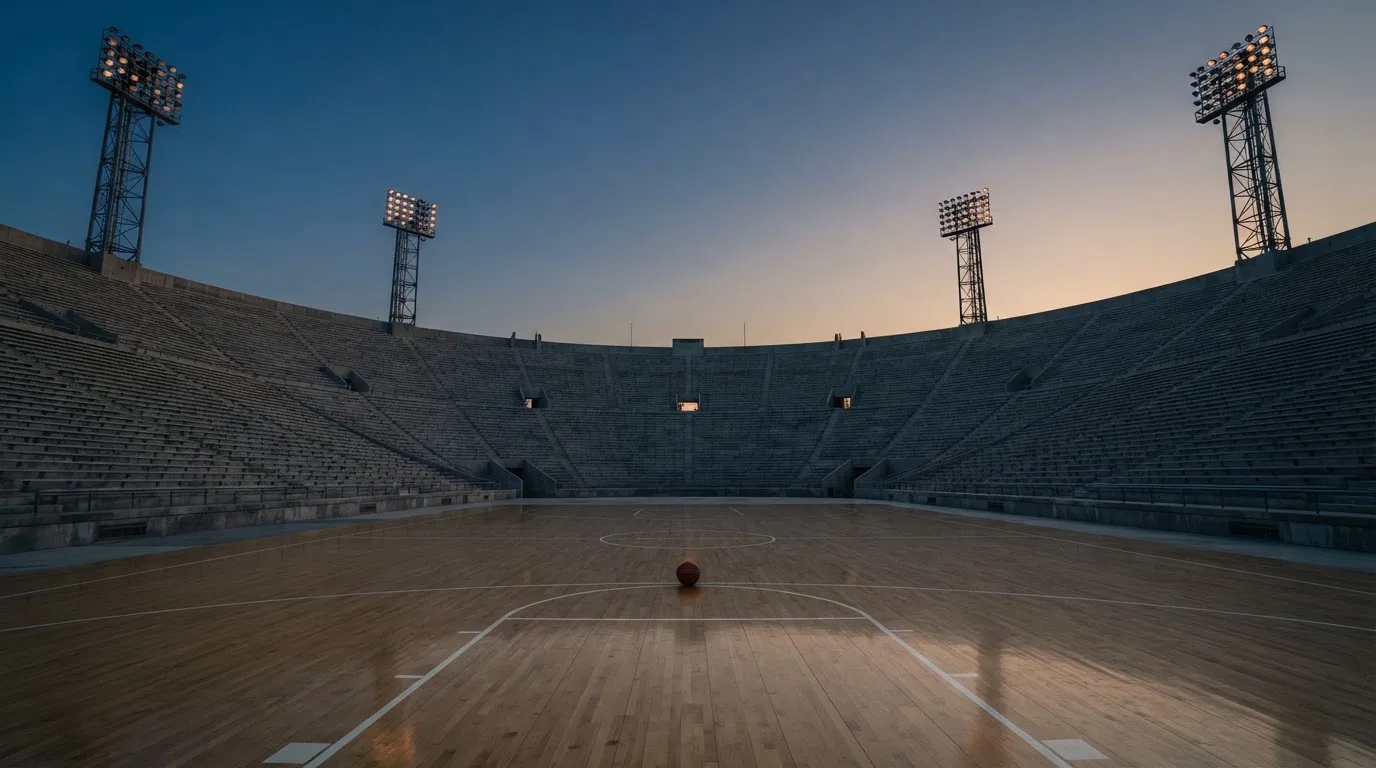 An empty football stadium with floodlight masts at dusk