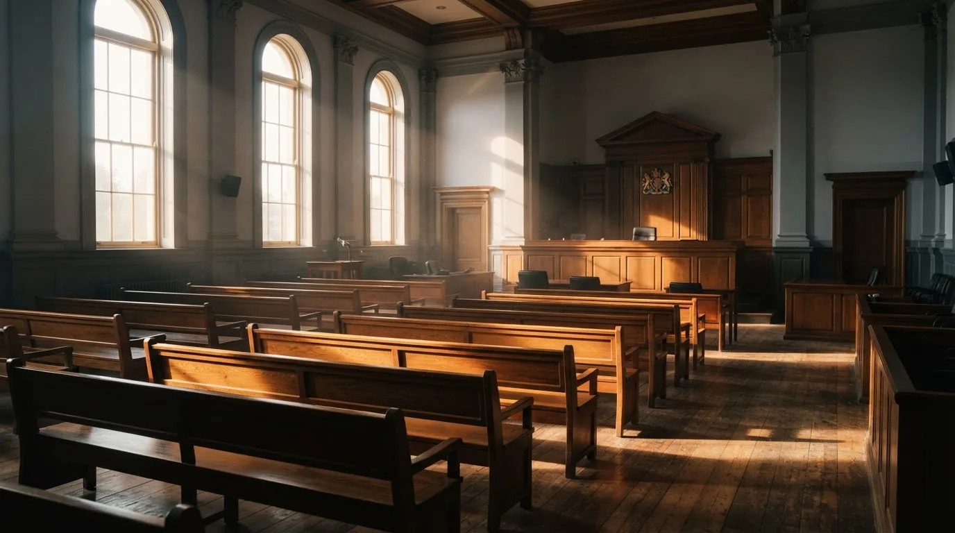An empty courtroom with wooden benches in morning light