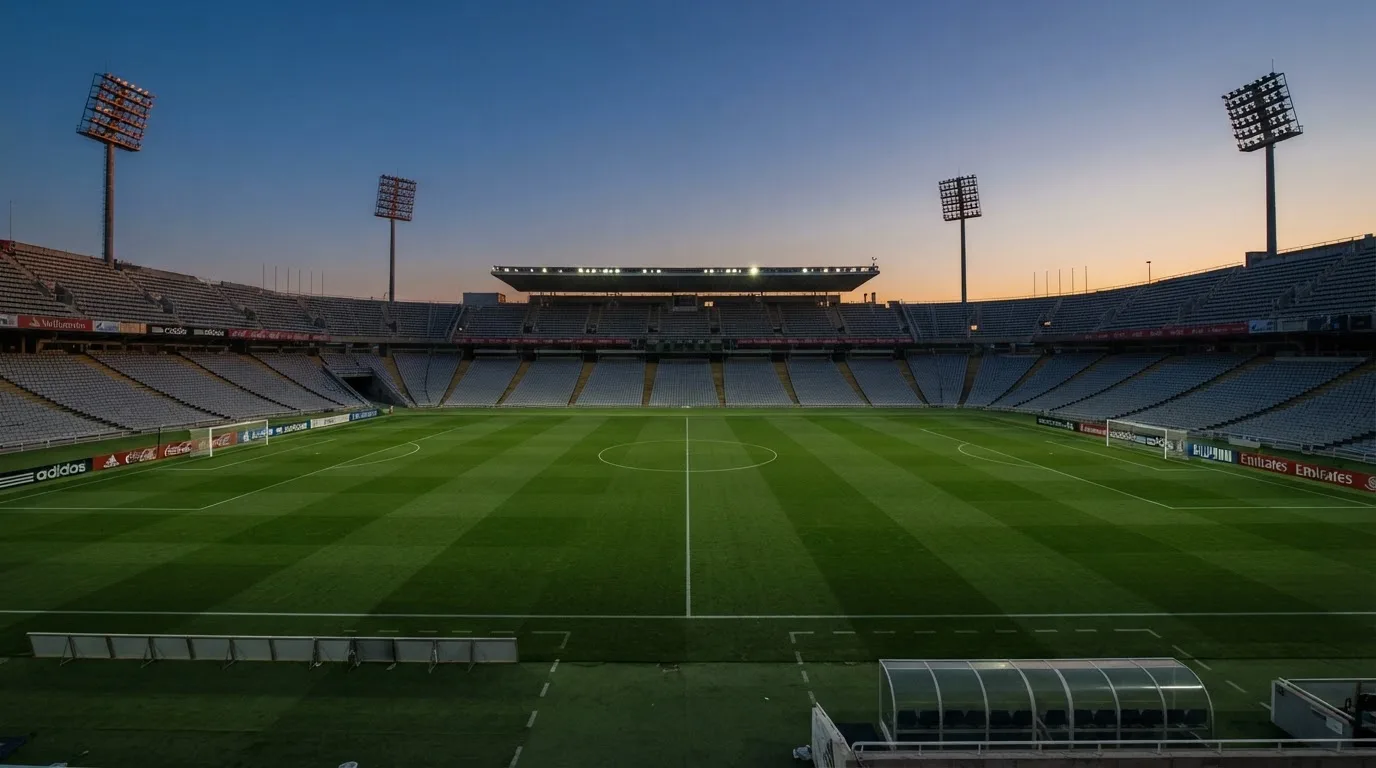 An empty football stadium with floodlight masts at dusk