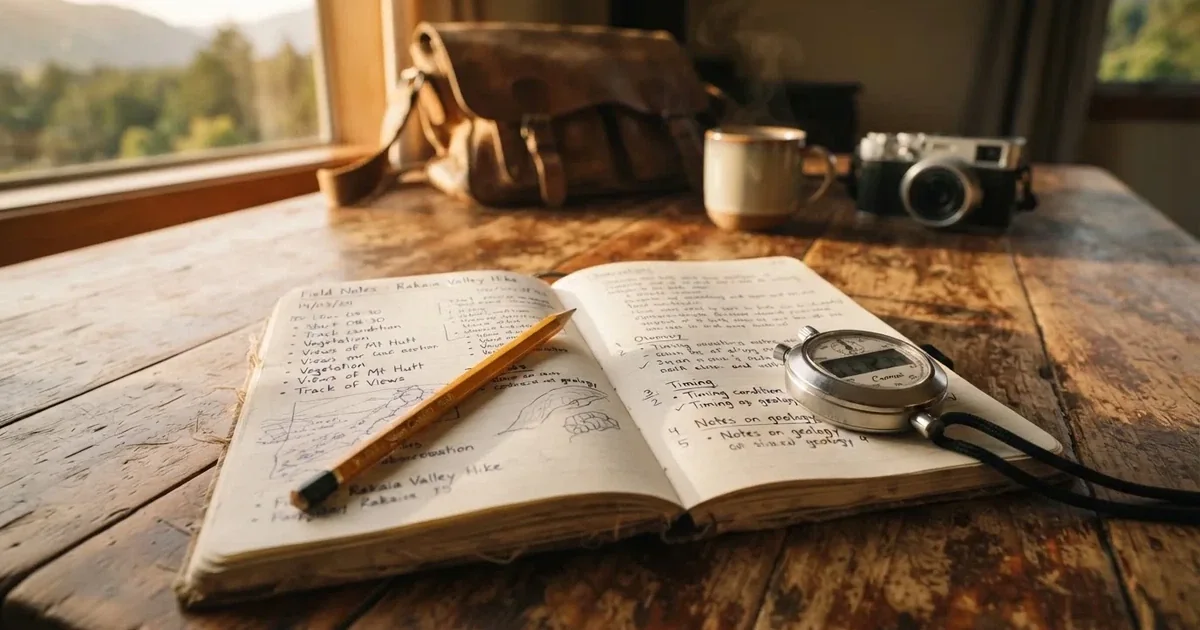 An open notebook with a pencil and a stopwatch on a wooden table