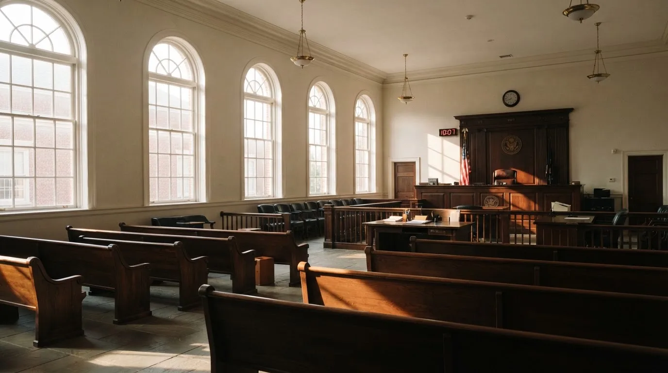 An empty courtroom with wooden benches in morning light