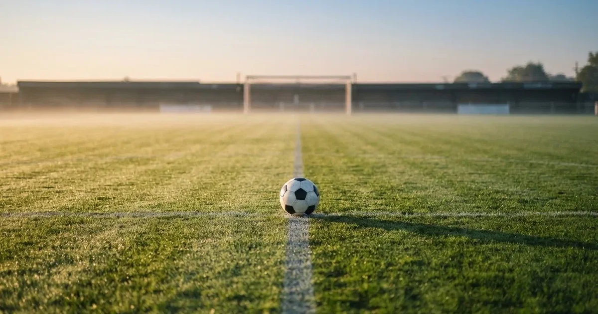 A ball on the centre spot of a grass pitch in morning light