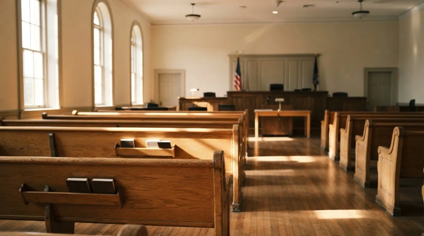 An empty courtroom with wooden benches in morning light