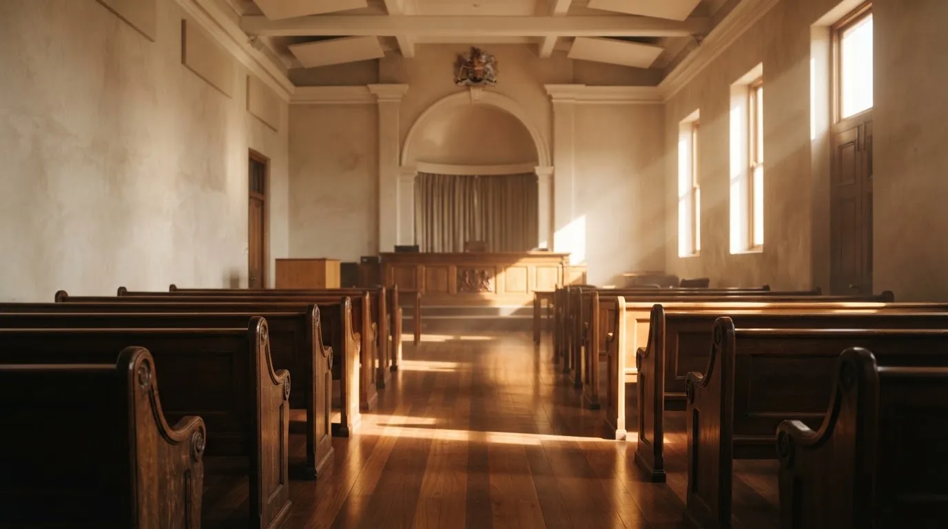 An empty courtroom with wooden benches in morning light