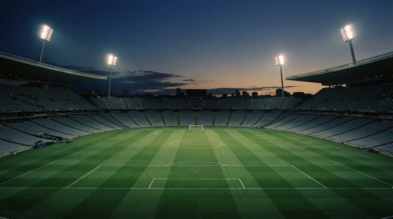 An empty football stadium with floodlight masts at dusk