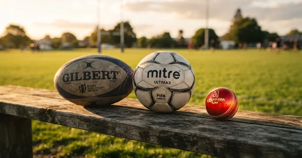Three balls of different kinds side by side on a wooden bench