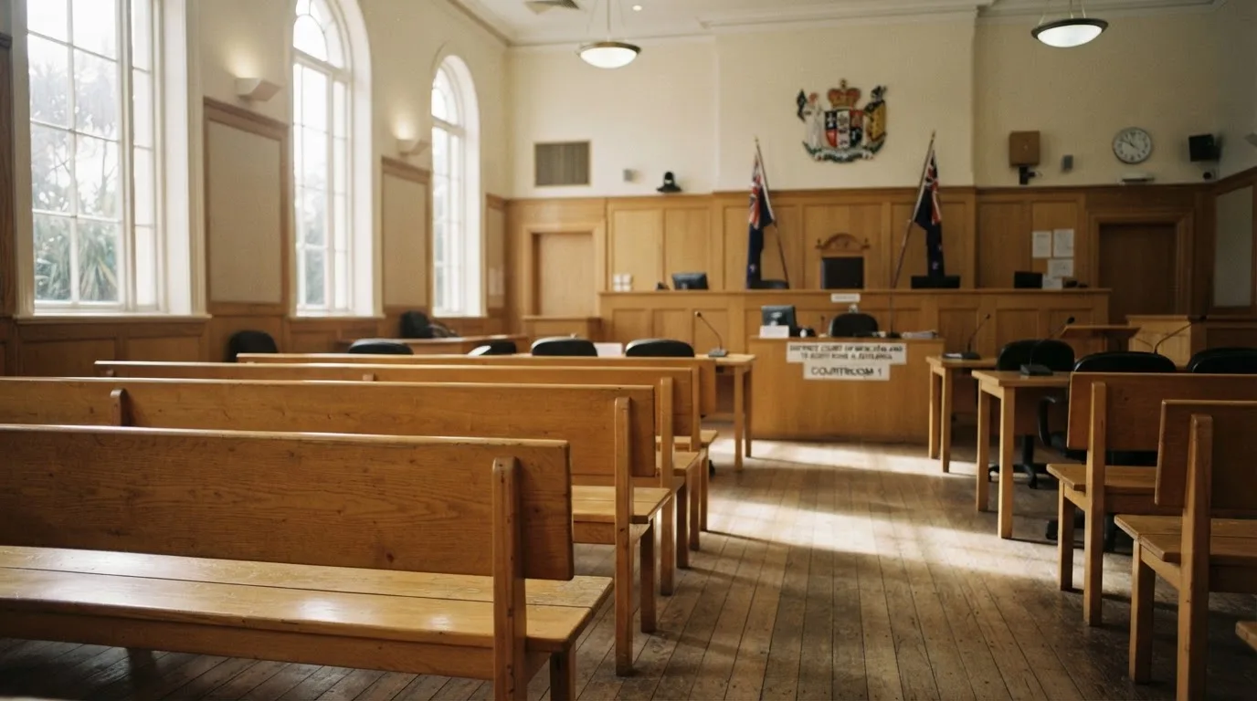 An empty courtroom with wooden benches in morning light