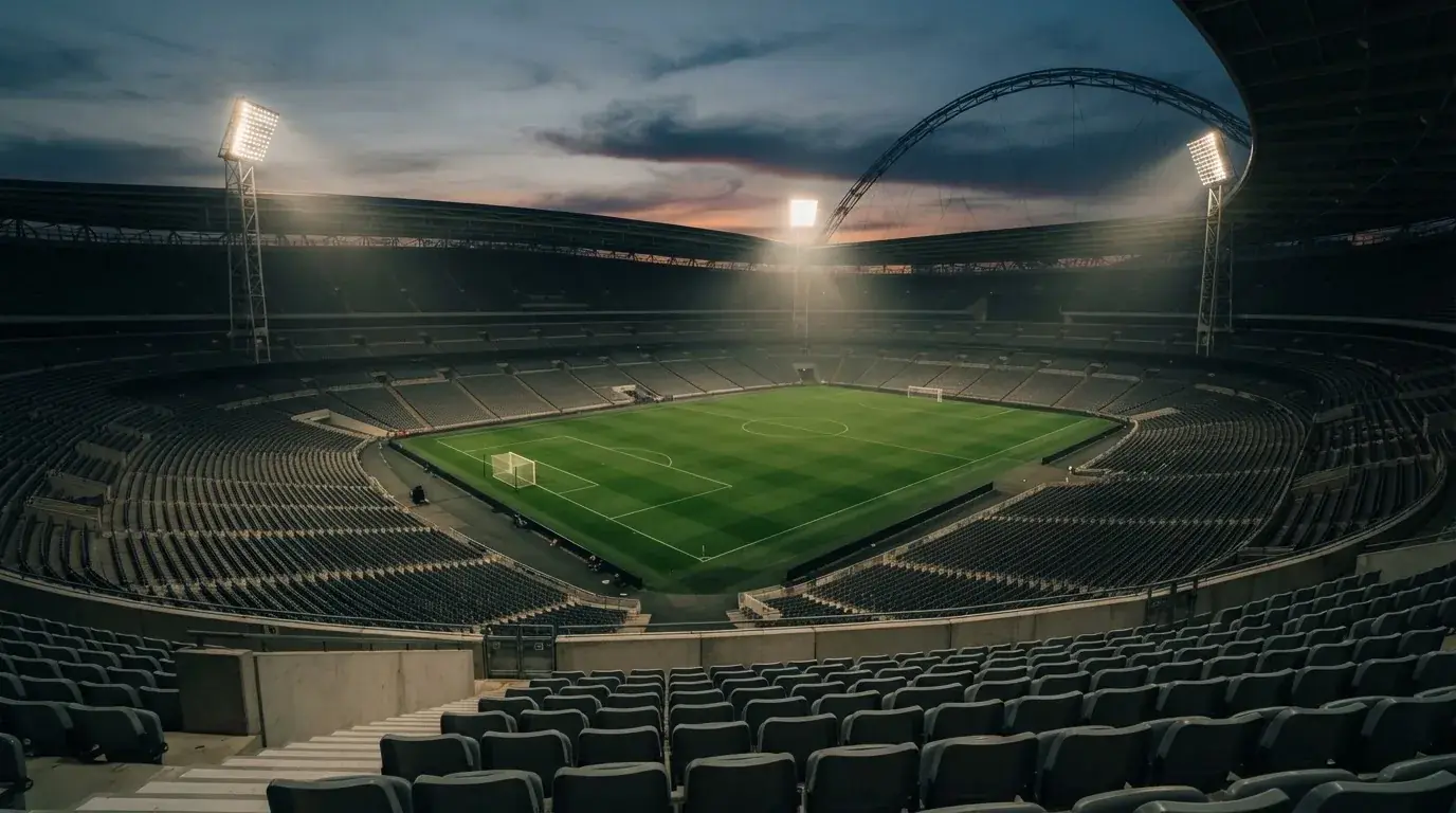 An empty football stadium with floodlight masts at dusk