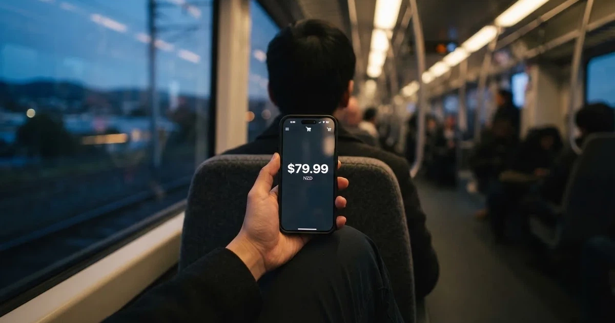 A hand holding a smartphone on a train in the evening, screen turned away