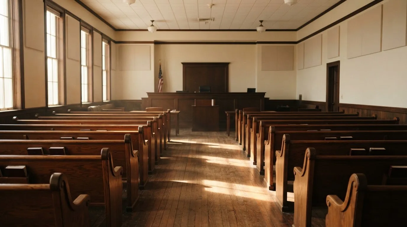 An empty courtroom with wooden benches in morning light