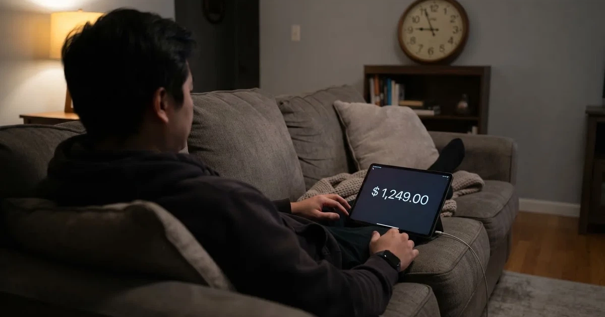 A person on a sofa looking thoughtfully at a tablet, a wall clock in the background
