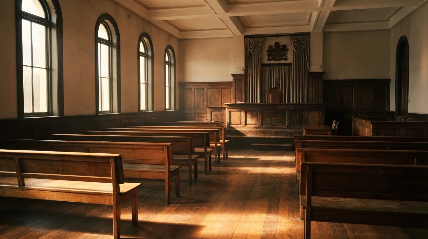 An empty courtroom with wooden benches in morning light