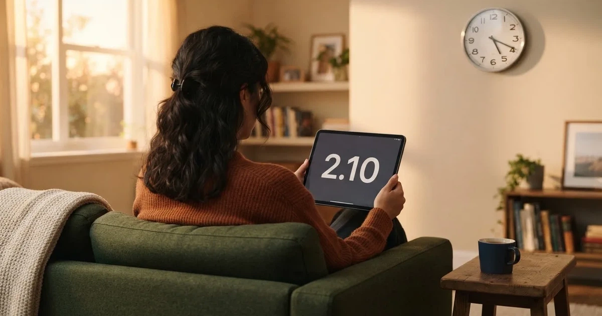 A person on a sofa looking thoughtfully at a tablet, a wall clock in the background