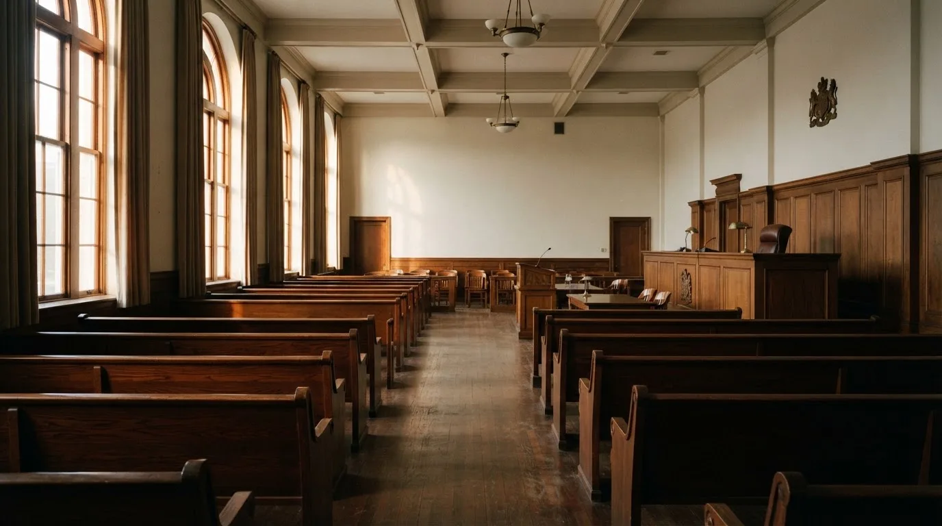 An empty courtroom with wooden benches in morning light