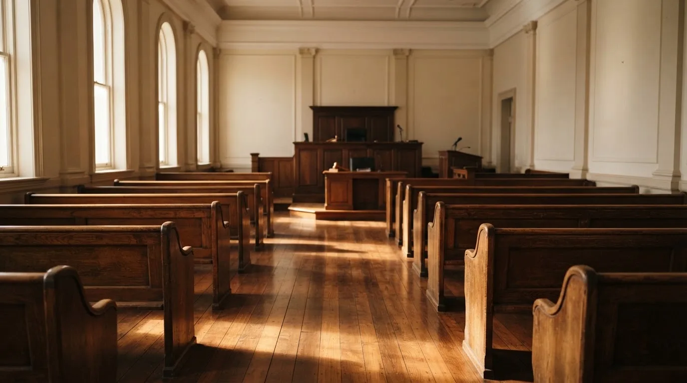 An empty courtroom with wooden benches in morning light