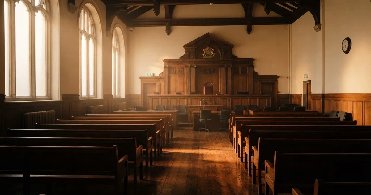 An empty courtroom with wooden benches in morning light