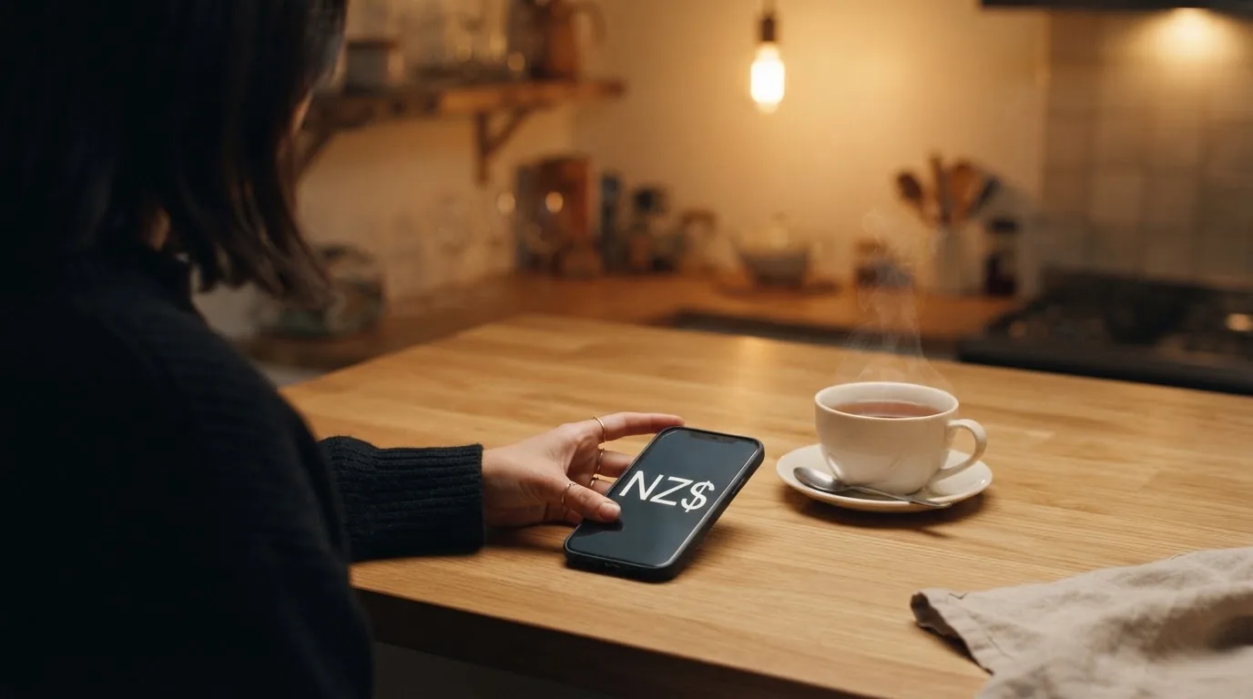 A hand setting a smartphone down beside a cup of tea on a kitchen table on a quiet evening