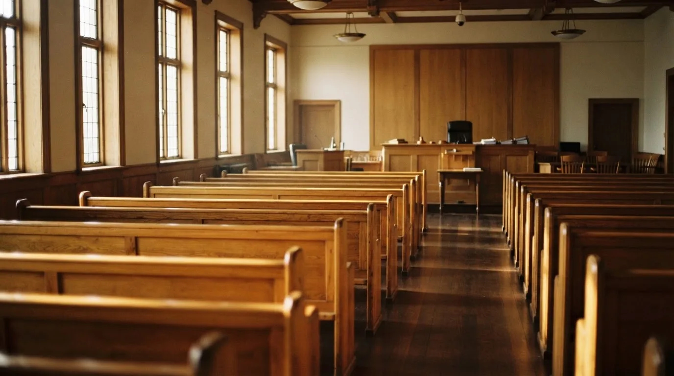 An empty courtroom with wooden benches in morning light