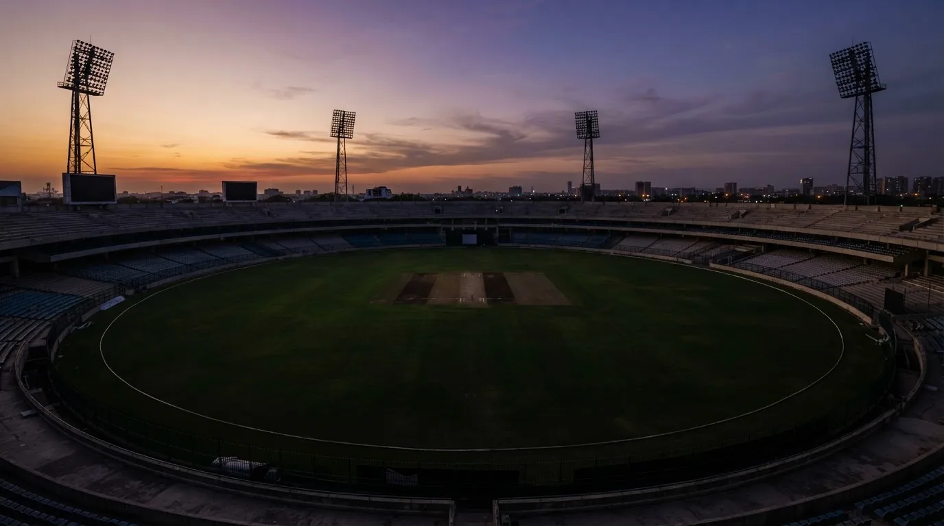 An empty football stadium with floodlight masts at dusk