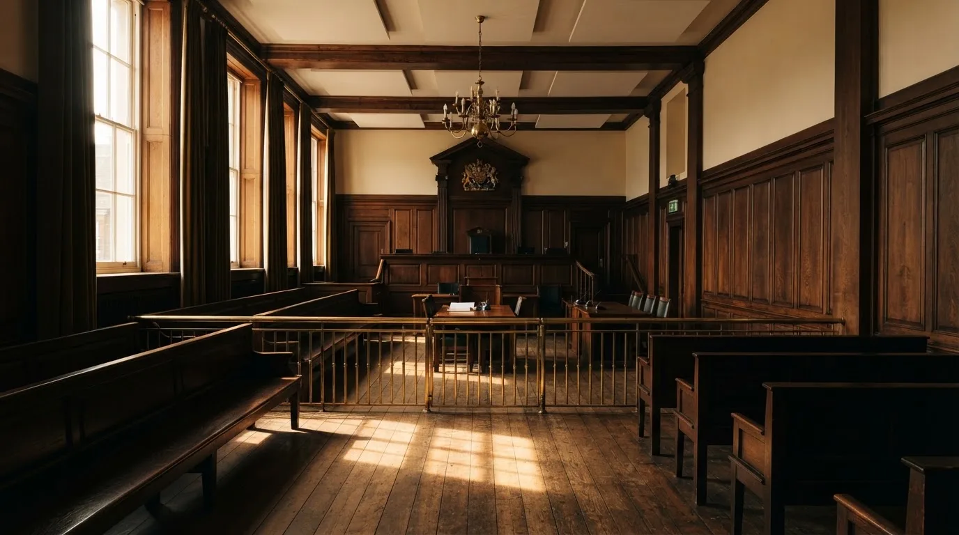 An empty courtroom with wooden benches in morning light