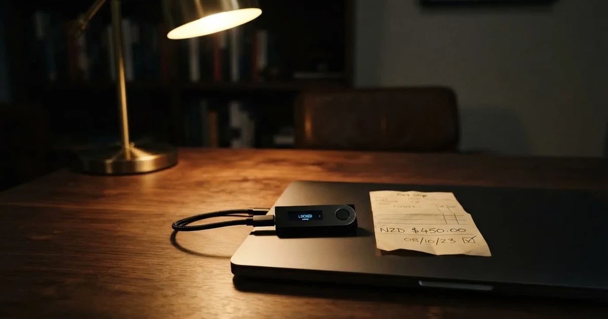 A hardware wallet and a closed laptop on a desk in dim light