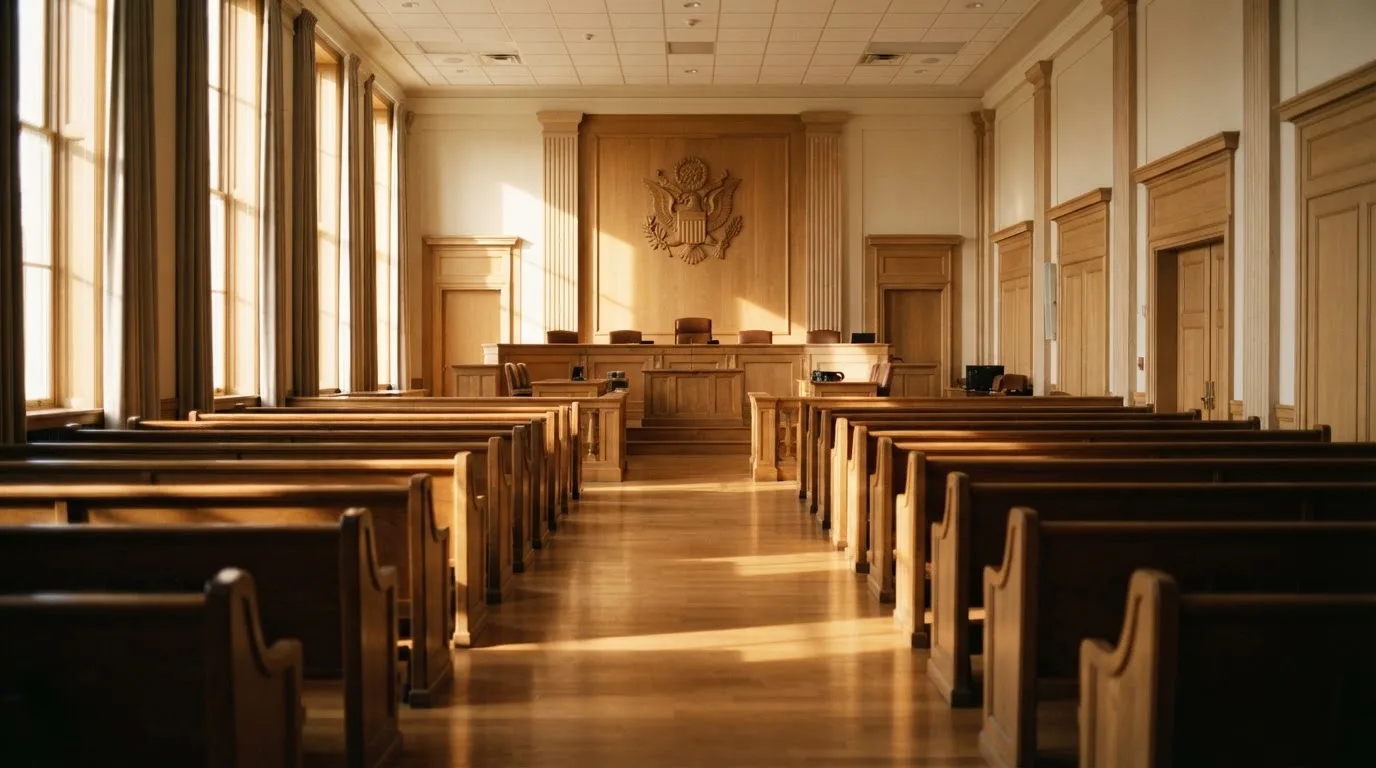 An empty courtroom with wooden benches in morning light