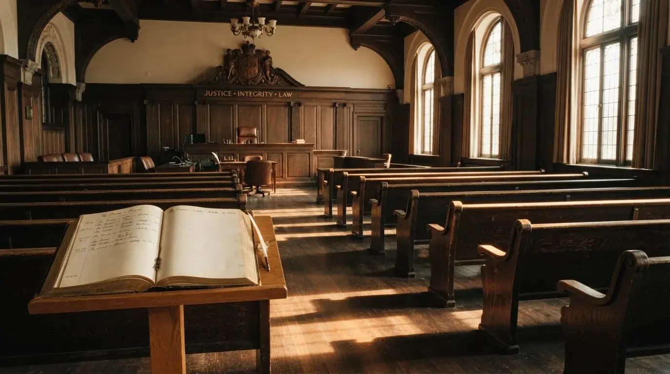 An empty courtroom with wooden benches in morning light