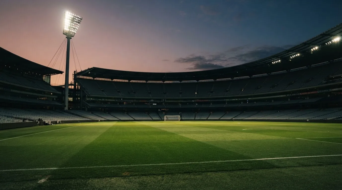 An empty football stadium with floodlight masts at dusk