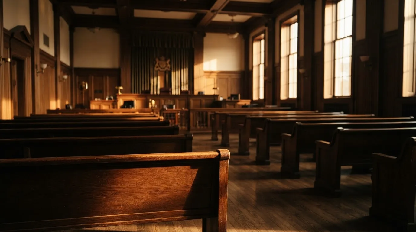 An empty courtroom with wooden benches in morning light