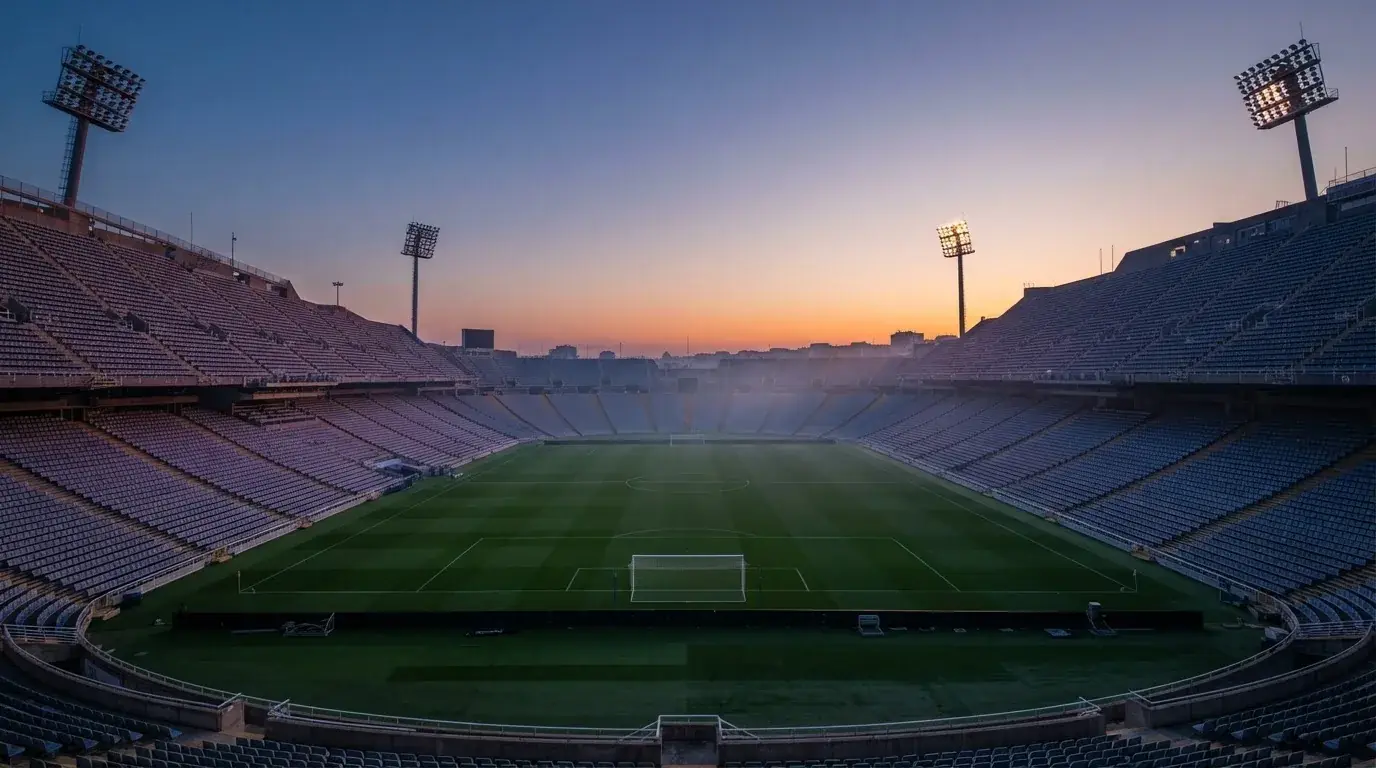 An empty football stadium with floodlight masts at dusk