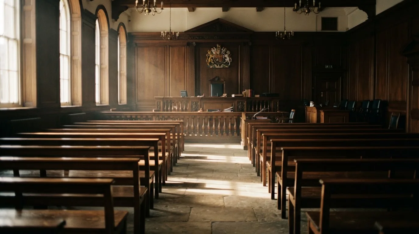 An empty courtroom with wooden benches in morning light