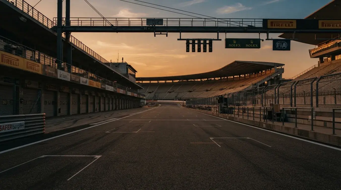 An empty football stadium with floodlight masts at dusk