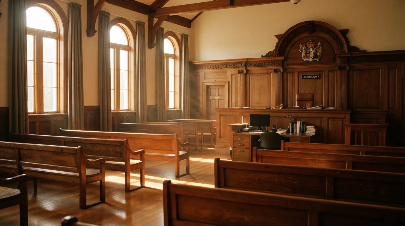An empty courtroom with wooden benches in morning light