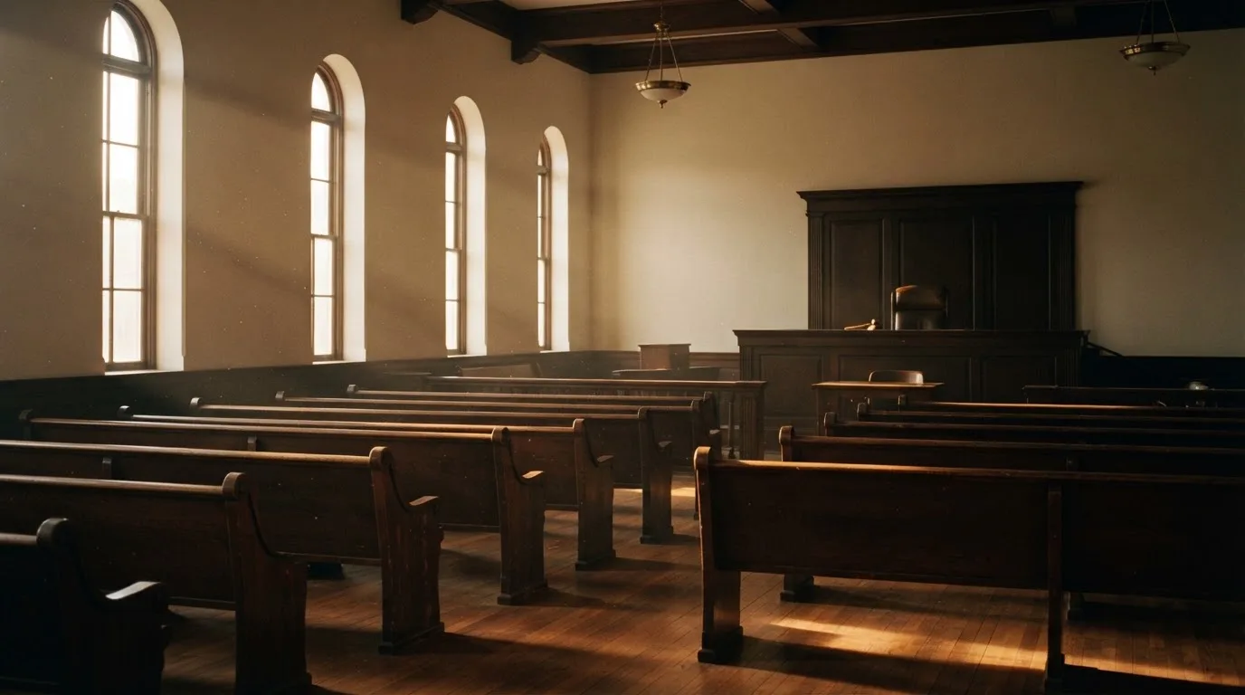 An empty courtroom with wooden benches in morning light