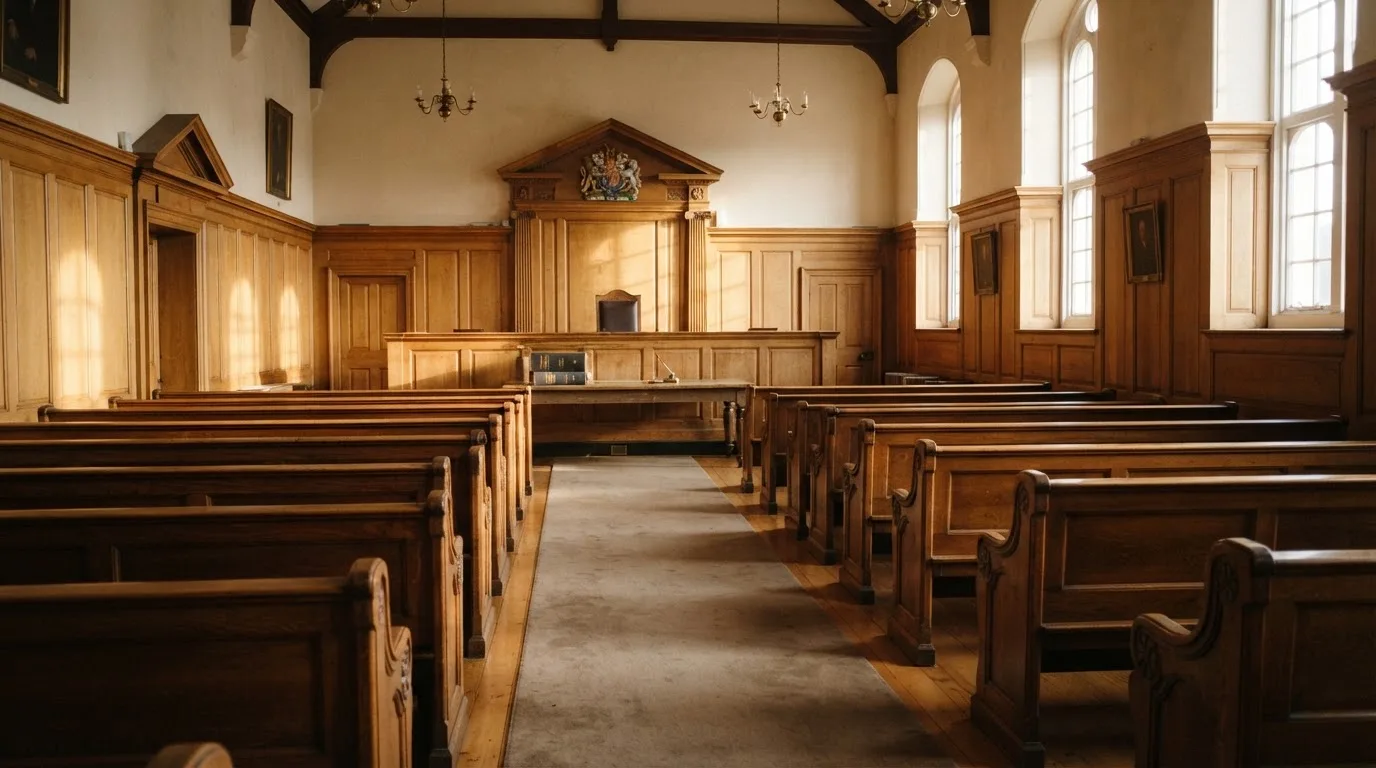 An empty courtroom with wooden benches in morning light