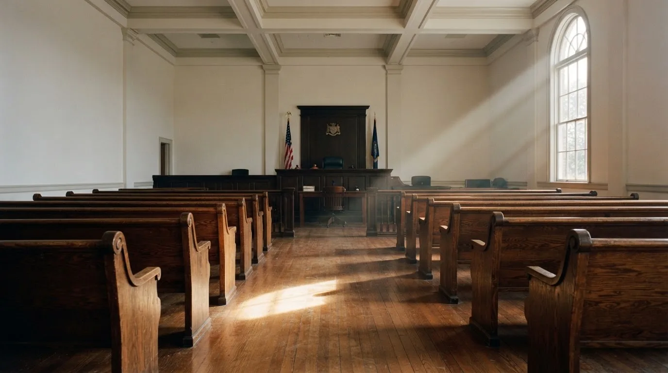 An empty courtroom with wooden benches in morning light