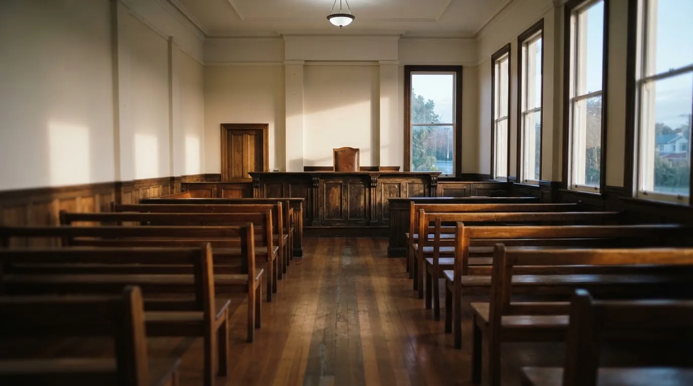 An empty courtroom with wooden benches in morning light