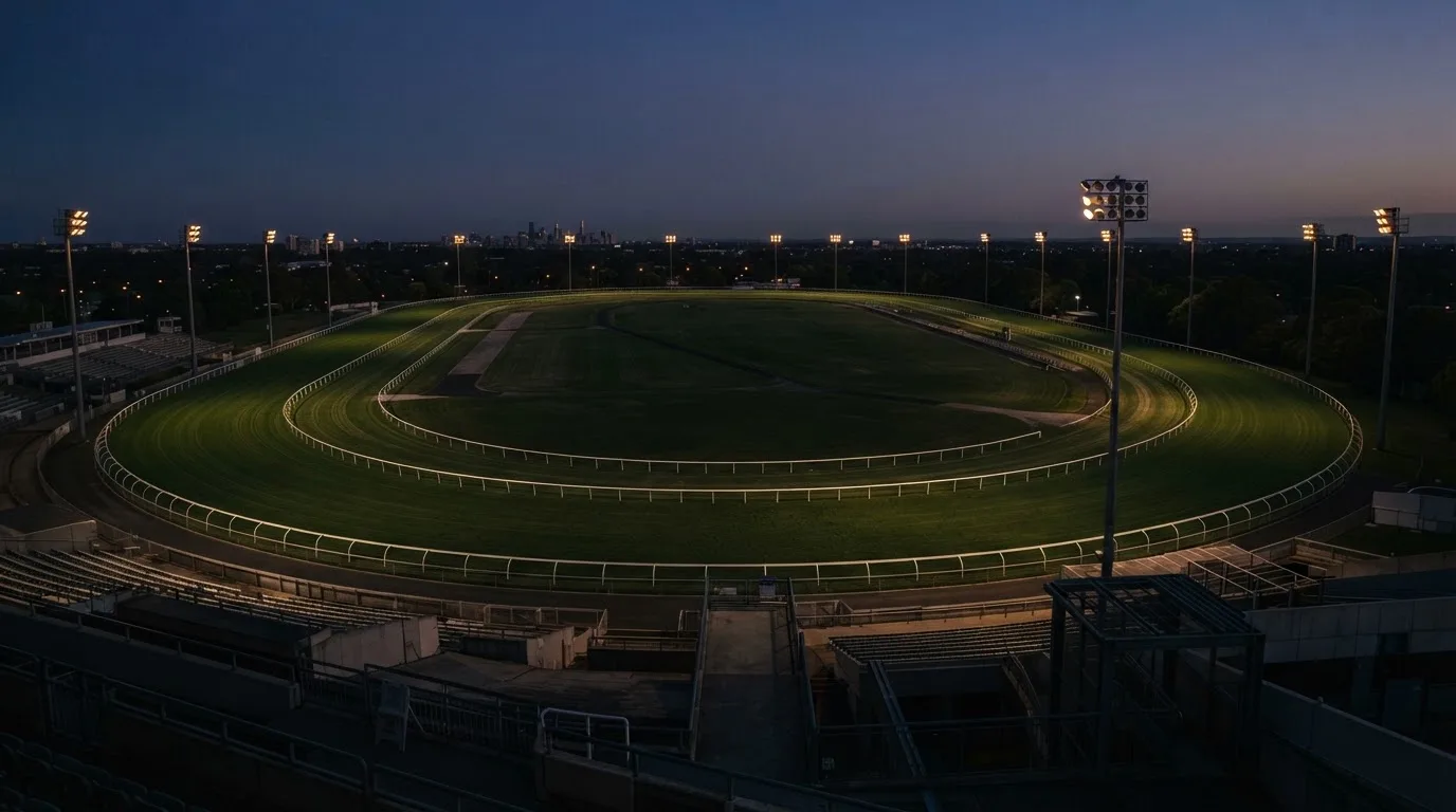 An empty football stadium with floodlight masts at dusk