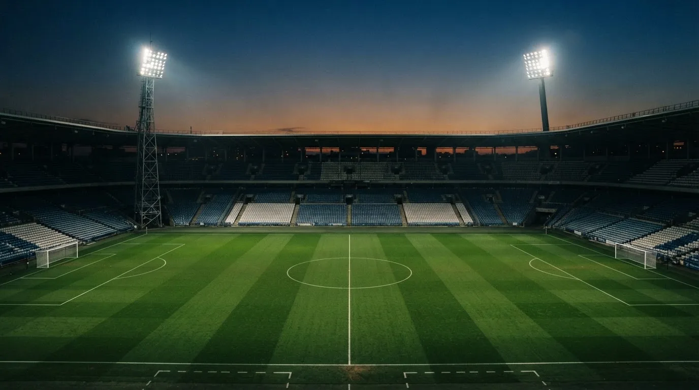 An empty football stadium with floodlight masts at dusk