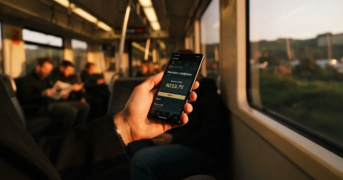 A hand holding a smartphone on a train in the evening, screen turned away
