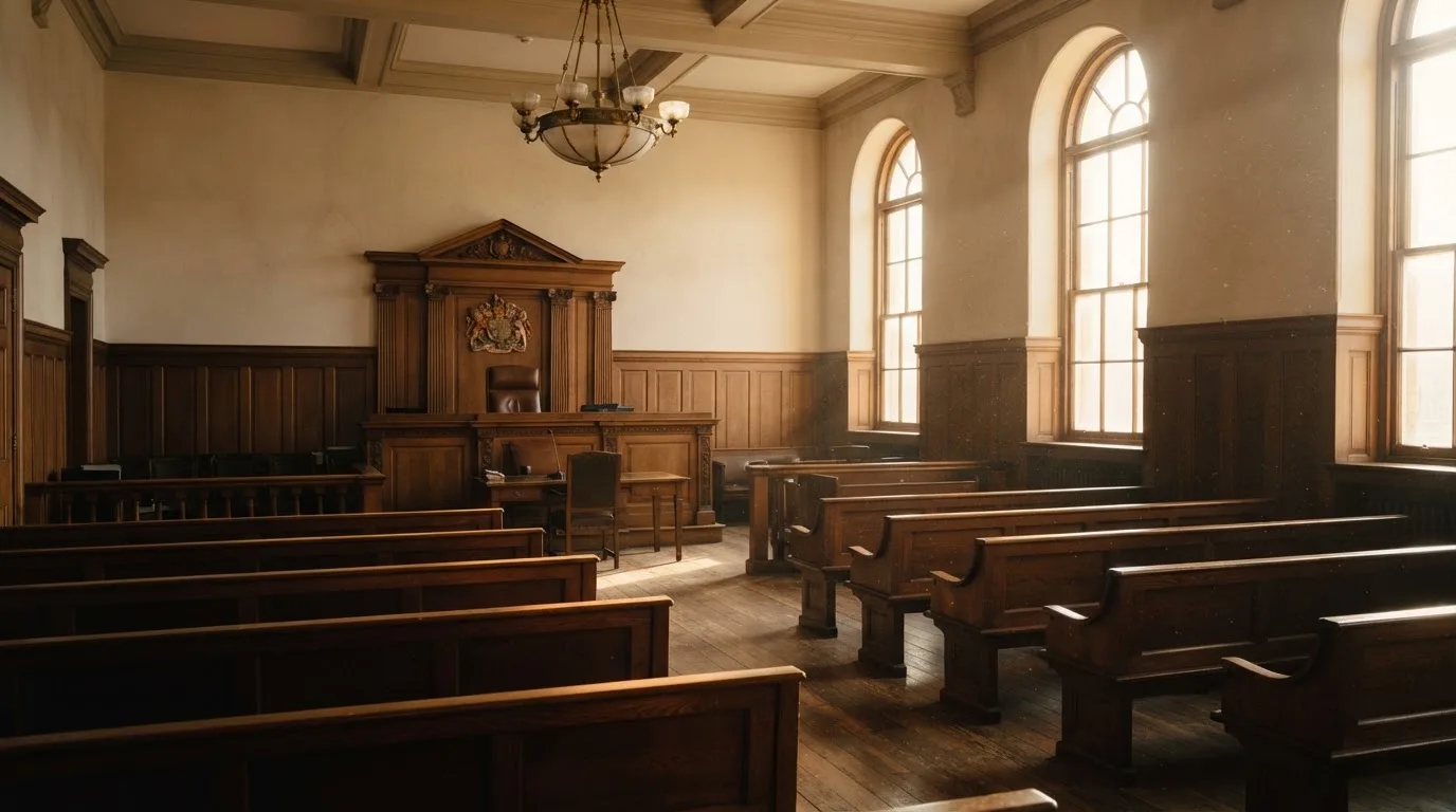 An empty courtroom with wooden benches in morning light
