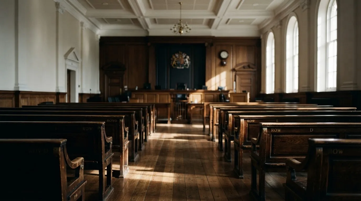 An empty courtroom with wooden benches in morning light