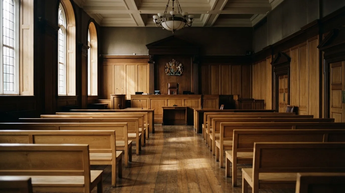 An empty courtroom with wooden benches in morning light